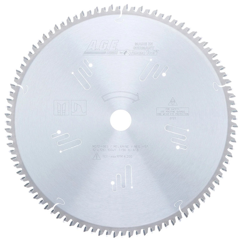 12" x 96T Carbide Tipped, Double-Face Melamine and Laminate Blade, Neg. 0 Deg., 1" Bore, H-ATB